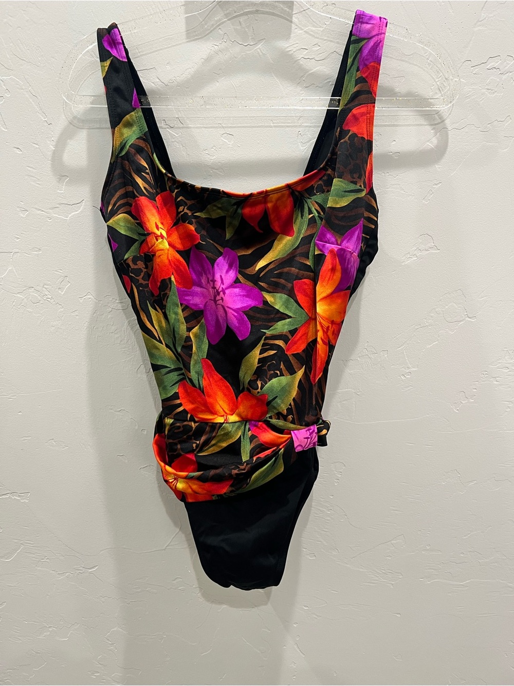 INCHES AWAY Tropical Floral Black Bathing Suit One Piece Size 12